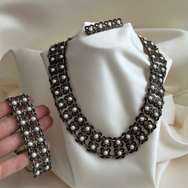 Vintage 1950s Willy Winnaess Sterling Silver Black Jewellery Set, Black and White Enamel Chunky Necklace Bracelet and Brooch Jewelry Set