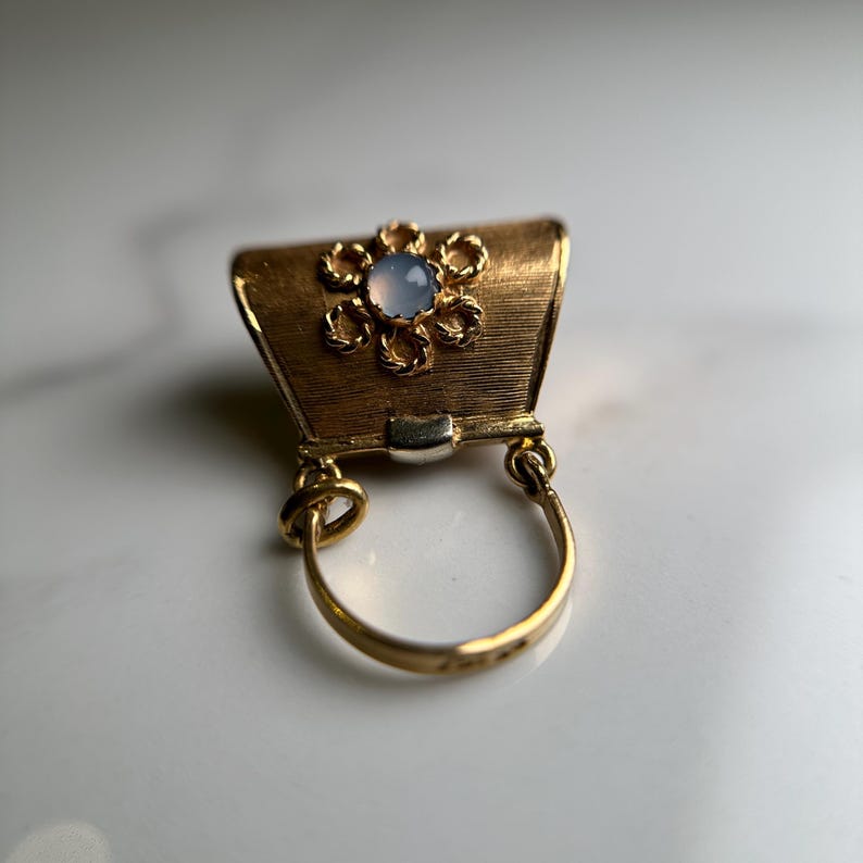 Solid 18KT Gold Purse Charm, Textured Yellow Gold Pendant with Decorative Glass Stones, Shopaholic Gift for Girly Girl, Estate Jewellery image 5