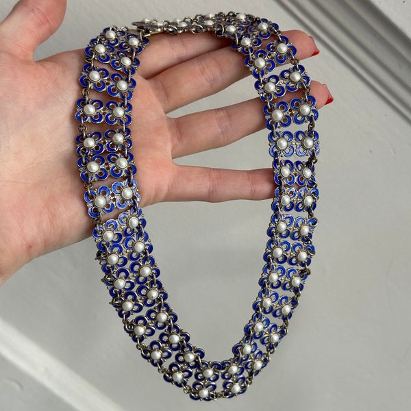Vintage 1950s Willy Winnaess David Andersen Blue Necklace, Blue and White Enamel Chunky Necklace, Norway Silver