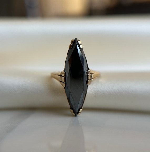 Vintage 10KT Hematite Ring, Large Marquise Cut Bl… - image 1