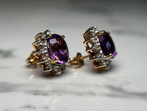 Estate 14KT Yellow Gold Amethyst and Diamond Stud… - image 2