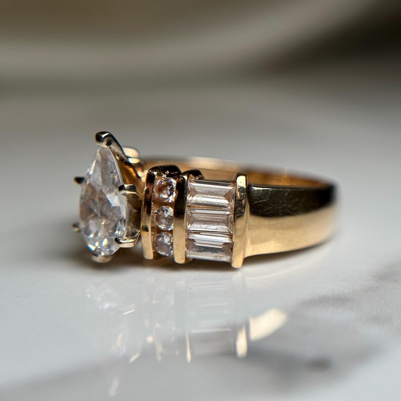 Beautiful Solid Gold Statement Ring, 14KT Yellow Gold Pear Cut and