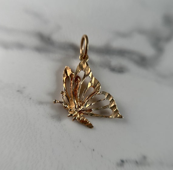 10KT Gold Small Etched Butterfly Charm, Yellow Go… - image 2