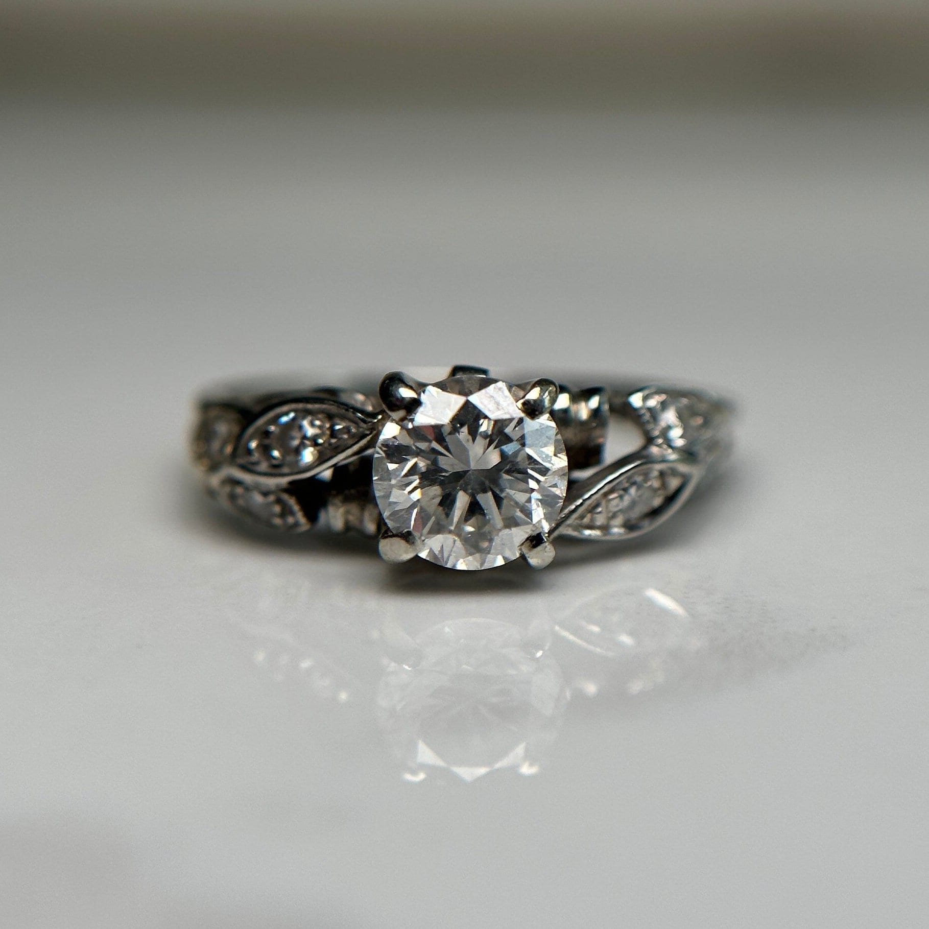 Estate 18KT White Gold Diamond Ring, Leaf Design Silver Engagement Style Ring, White Gold Cast Diamond Wedding Ring Size 3.25 US