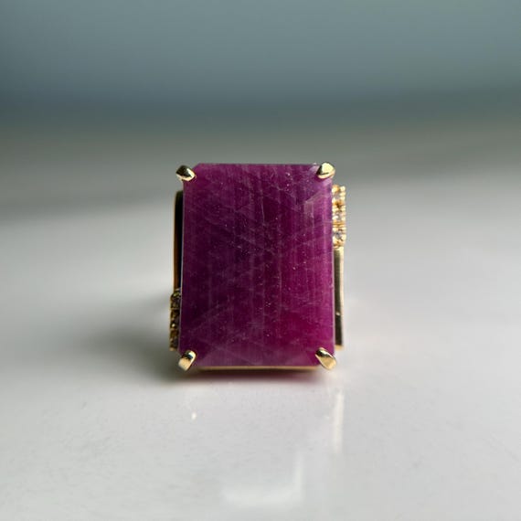 Purple Ruby Rectangle Flat Stone Ring, 18KT Yello… - image 8