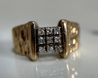 Estate 14KT Gold Diamond Square Cluster Ring, Etched Gold Diamond Signet Ring, Honeycomb Stone Cluster, Wide Band Diamond Ring Size 5.75 US