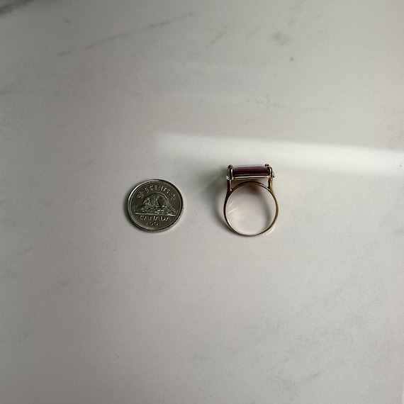 Purple Ruby Rectangle Flat Stone Ring, 18KT Yello… - image 11