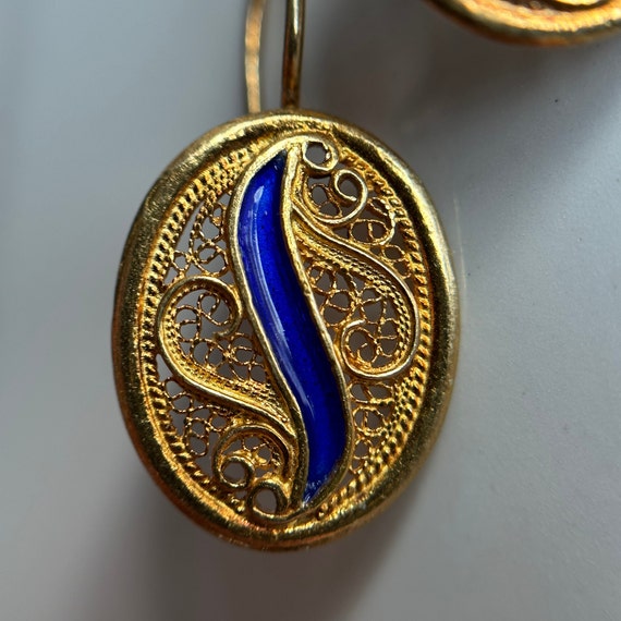 Estate Gold Filled Cannetille Earrings, Blue Enam… - image 2