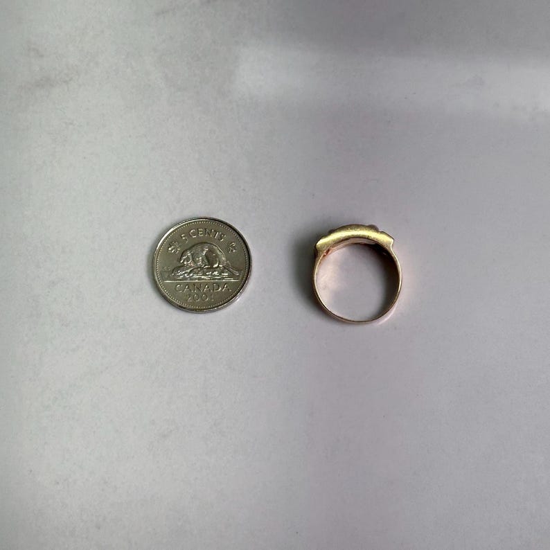 May include: A gold ring with a small gemstone setting is displayed next to a Canadian nickel coin. The ring has a simple band and a small, rectangular gemstone. The coin is silver in color and features a wildlife scene.