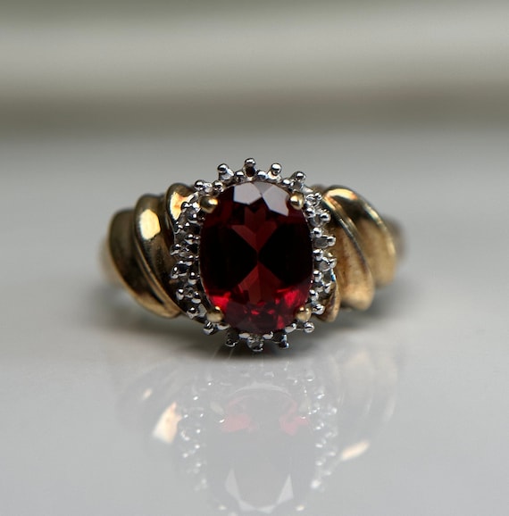 Estate 10KT Gold Red Stone Cocktail Ring, Vintage Style Yellow Gold Band, Oval Cut Red Stone with Sparkly Halo, Classic Passion Size 6 US