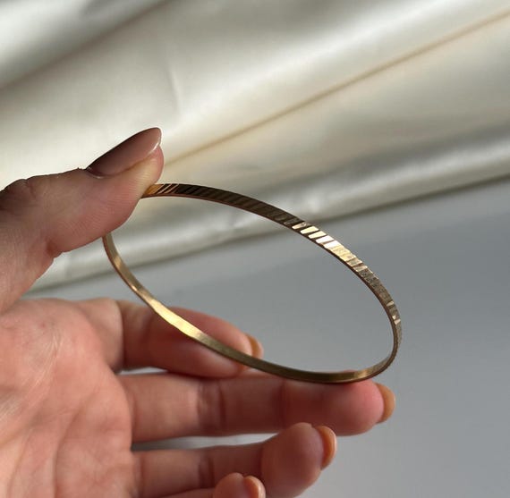 Stackable Solid Yellow Gold Striped Bangle Bracel… - image 5