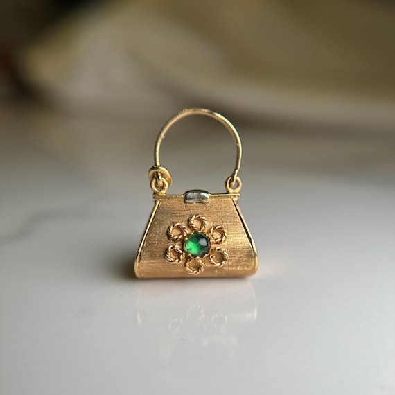 Solid 18KT Gold Purse Charm, Textured Yellow Gold Pendant with Decorative Glass Stones, Shopaholic Gift for Girly Girl, Estate Jewellery