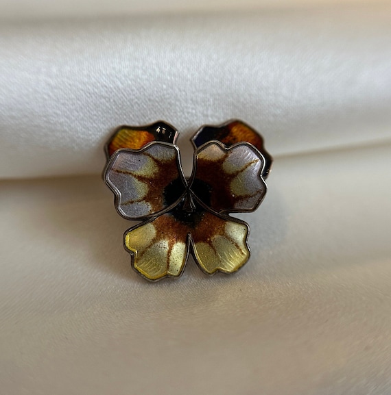 Vintage NORWAY Silver David Andersen Pansy Brooch, Orange Enamel