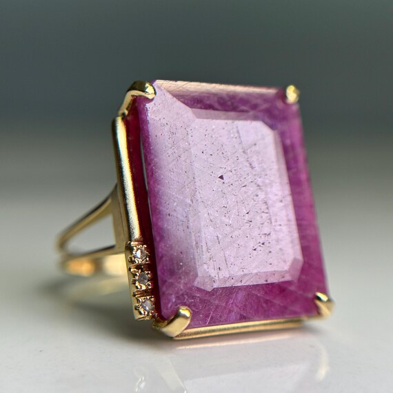 Purple Ruby Rectangle Flat Stone Ring, 18KT Yello… - image 3