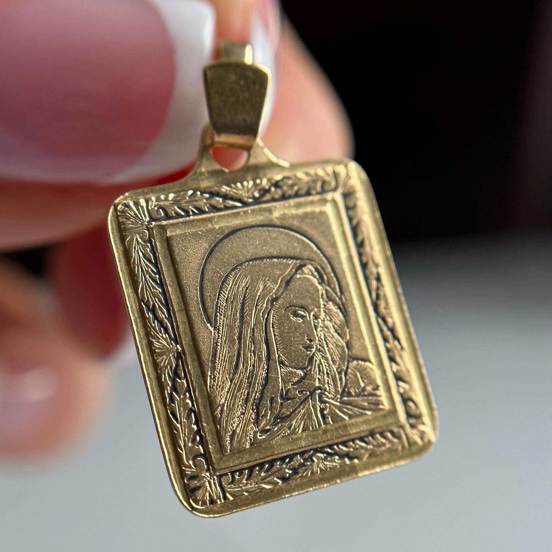 Estate Italian 18KT Gold Mother Mary Pendant, Square Frame Yellow