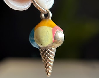 Vintage UNOAERRE Enamel Icecream Cone Charm, 9KT Yellow Gold Cute and Quirky Colourful Pendant, Italian Gold Waffe Cone Bracelet Addition