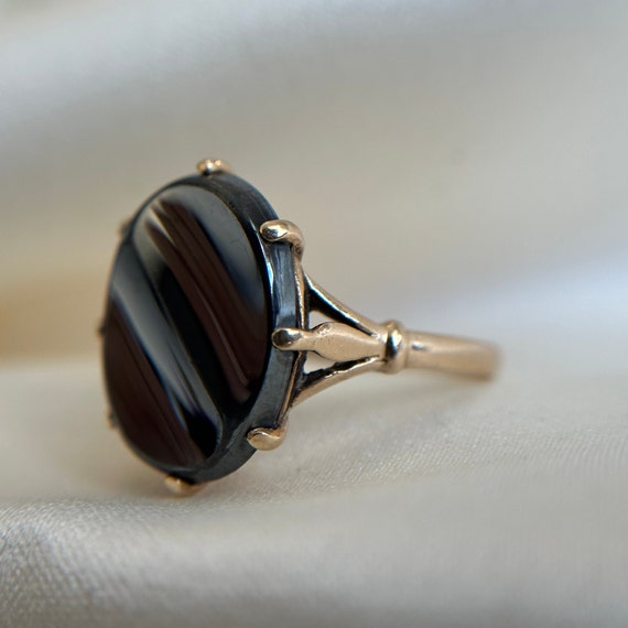 Vintage 10KT Hematite Ring, Large Oval Cut Black/… - image 4