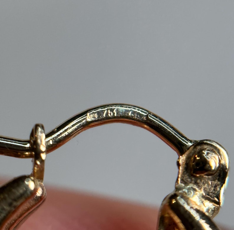 May include: Close-up of a gold earring with a hallmark of "750" on the back.
