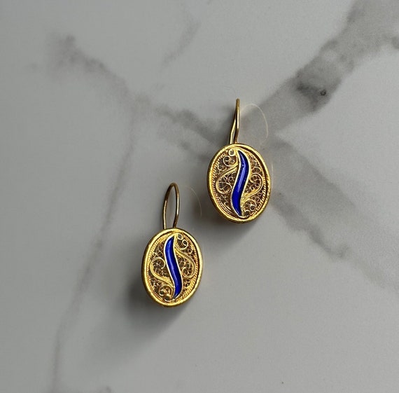 Estate Gold Filled Cannetille Earrings, Blue Enam… - image 1