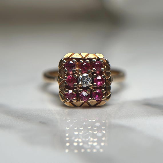 Ruby and Diamond 14KT Gold Statement Ring, Square… - image 1