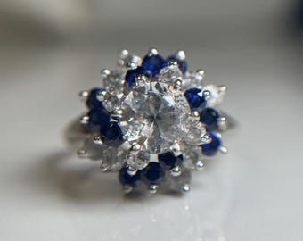BIRKS 10KT White Gold Cluster Ring, Blue and Clear Stones, Sparkly Glass Stone Cluster Ring, Canadian Made Estate Jewellery size 4.5 US