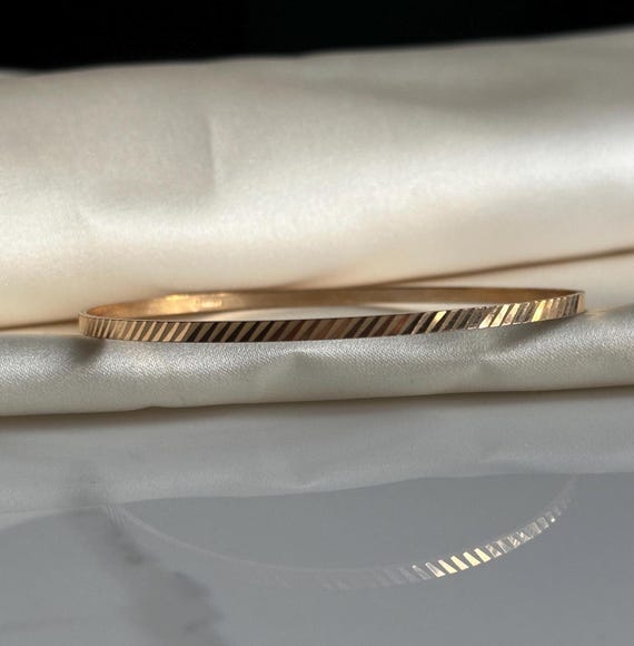 Stackable Solid Yellow Gold Striped Bangle Bracel… - image 2