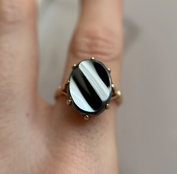 Vintage 10KT Hematite Ring, Large Oval Cut Black/… - image 2