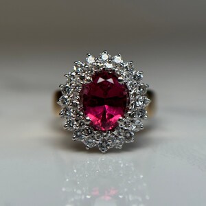 14KT Yellow and White Gold Diamond and Pink Tourmaline Cluster Ring, Oval Cut Tourmaline, Coloured Stone and Diamond Cocktail Ring Size 4.5