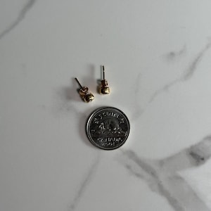 May include: A pair of small, gold-colored stud earrings with a round design. The earrings are displayed next to a Canadian five-cent coin, providing a size reference. The coin features a bear and the text "CANADA 2001".