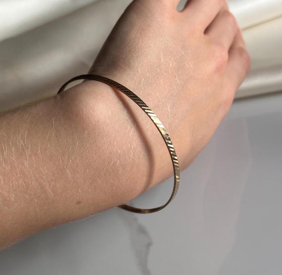 Stackable Solid Yellow Gold Striped Bangle Bracel… - image 6