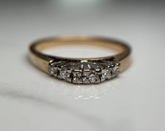 Estate 14KT Gold Diamond Stacking Band, Six Stone Diamond Ring, Tall Set Diamond Band, Dainty Thin Diamond Stacking Band Ring Size 5.5 US