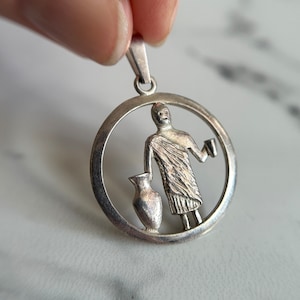 Vintage Silver Aquarius Zodiac Sign Pendant, Denmark Sterling Silver Charm Pendant, Women with Pitcher, Circle Vintage Aquarius Necklace