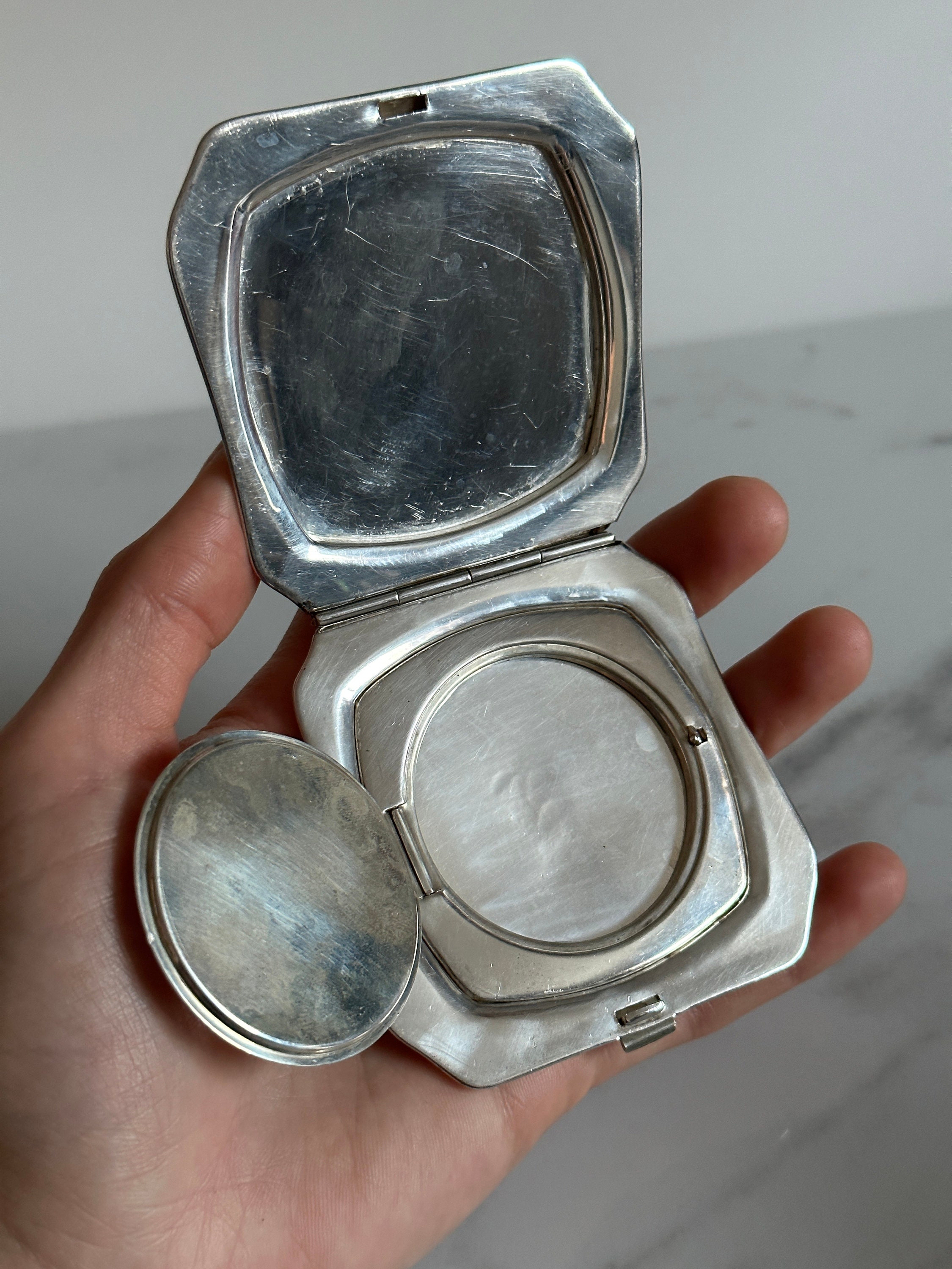 ADRER vintagemake PU reversible MA-1　S Vintage Sterling Silver Powder Makeup Compact, Stamped