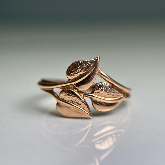 14KT Solid Gold Leaf Ring, Three Leaf Design Fore… - image 7