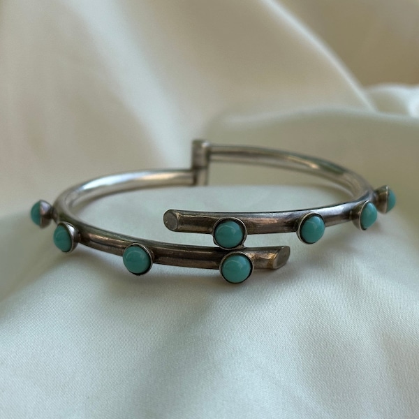 Mexican Sterling Silver Turquoise Bracelet, Sterling Silver Bangle Hinged Bracelet, Stackable Silver Bangle, Grounding Gemstone Turquoise