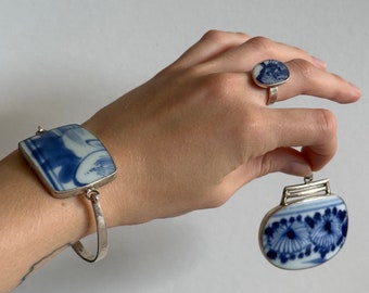 Sterling Silver Ceramic Jewellery Set, Blue and White Ceramic Pieces Pendant Bracelet & Ring, Unique One-of-a-Kind Broken Vase Jewellery Set