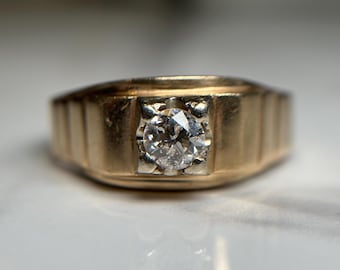 Estate 14KT Yellow Gold 0.50CT Old European Cut Diamond Signet Ring, Men's Gold Solitaire Stone Stairway Wide Band Size 11.75 US