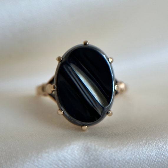 Vintage 10KT Hematite Ring, Large Oval Cut Black/… - image 1