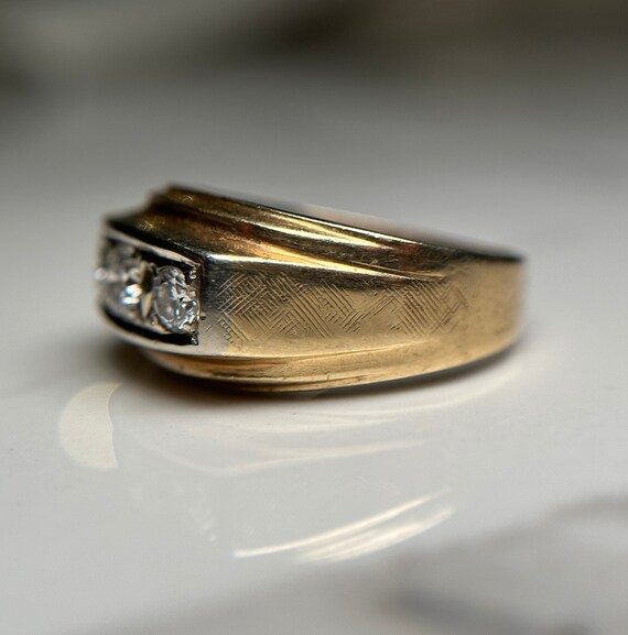Estate 14KT Gold Three Stone Diamond Signet Ring,… - image 3