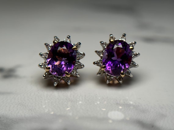 Estate 14KT Yellow Gold Amethyst and Diamond Stud… - image 1