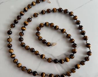Vintage Natural Tiger's Eye Bead Necklace, 37" Long 1cm Wide Beads with Gold Clasp, 14KT Yellow Gold Fish Hook Clasp, Long Brown Chain