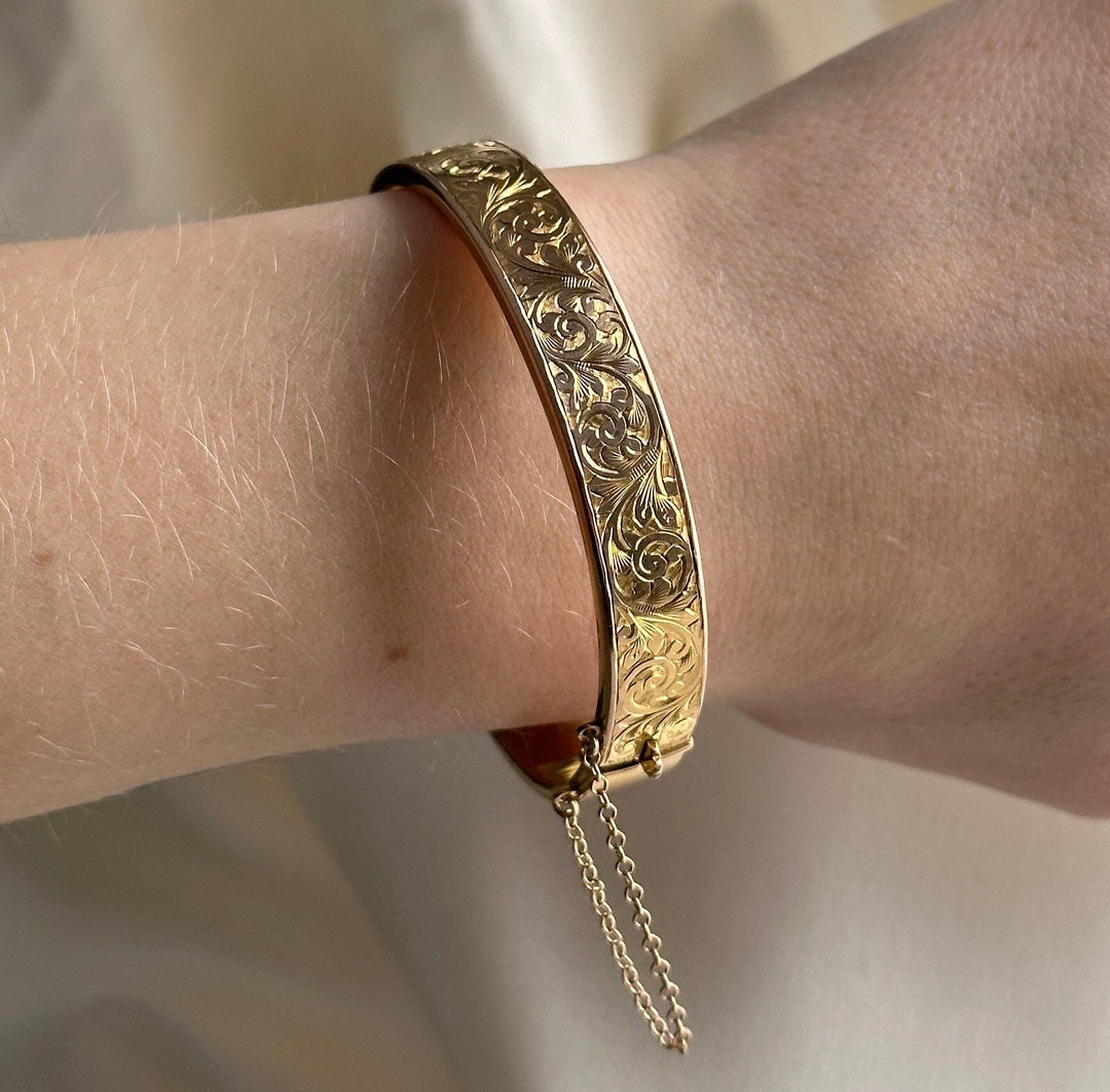 Vintage 9CT Gold BIRKS Bangle Bracelet Etched Detailed Gold Bangle With Safety Chain Yellow Gold Wide Band Gold Bangle Bracelet Etsy Canada