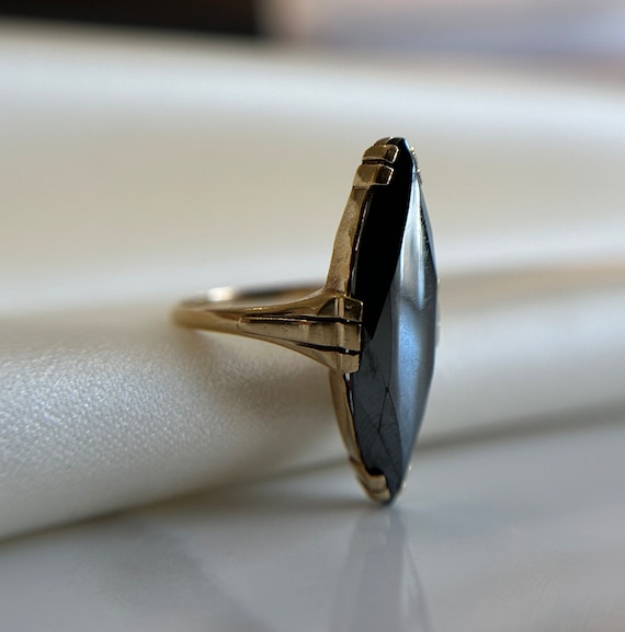 Vintage 10KT Hematite Ring, Large Marquise Cut Bl… - image 2
