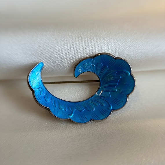 Vintage Norway Silver Ivar T Holth Blue Enamel Wave Brooch