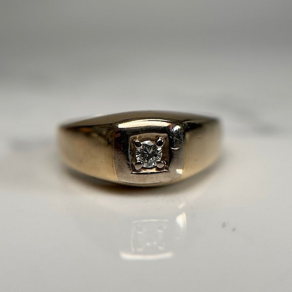Vintage 10KT Yellow and White Gold Cast Wide Band Diamond Ring, Solitaire Diamond Ring, Thick Gold Band Ring, Mens Diamond Ring Size 9.25 US