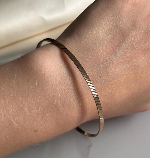 Stackable Solid Yellow Gold Striped Bangle Bracel… - image 1