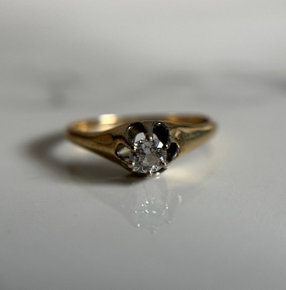 Rare Vintage 14KT Yellow Gold Cast Old European Cut Diamond Belcher Ring, Prong Set Vintage Solitaire Diamond, Unique Gold Ring Size 7 US