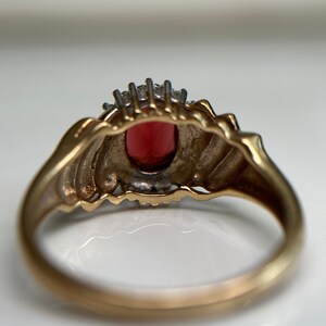 Estate 10KT Gold Red Stone Cocktail Ring, Vintage Style Yellow Gold Band, Oval Cut Red Stone with Sparkly Halo, Classic Passion Size 6 US image 5