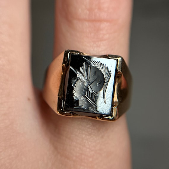 Vintage 10KT Yellow Gold Hematite Roman Soldier Intaglio Ring Black Stone Spartan Soldier Helmet Head Signet Ring Stamp Ring Size 7.5 US Etsy Canada