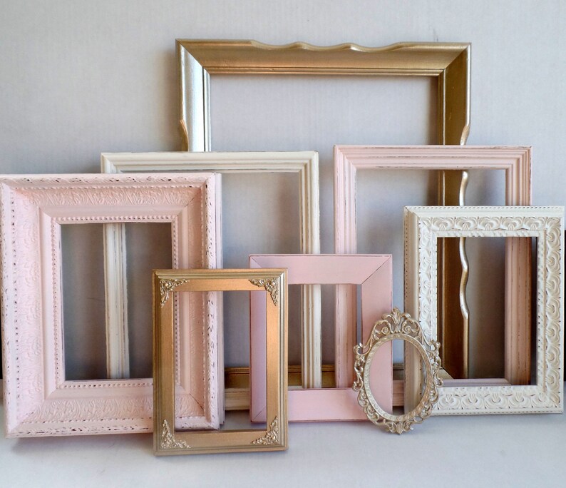 Picture Frame Set -Blush Champagne Gold Cottage White - Vintage Ornate - Baby Nursery - Shabby - Distressed - Gallery Wall - Wedding 